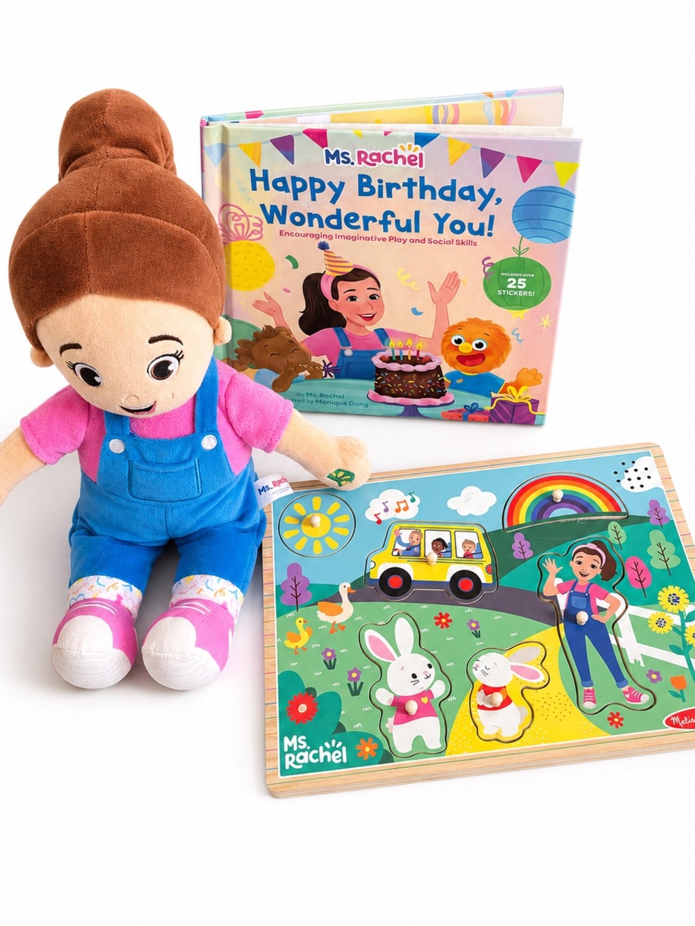 Ms. Rachel Plush Doll + Melissa & Doug Sound Puzzle + Happy Birthday Book Bundle